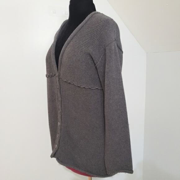 J. Jill Cotton Chunky Knit V Neck Gray Ruffle Seam Cardigan Sweater Medium - Picture 4 of 12